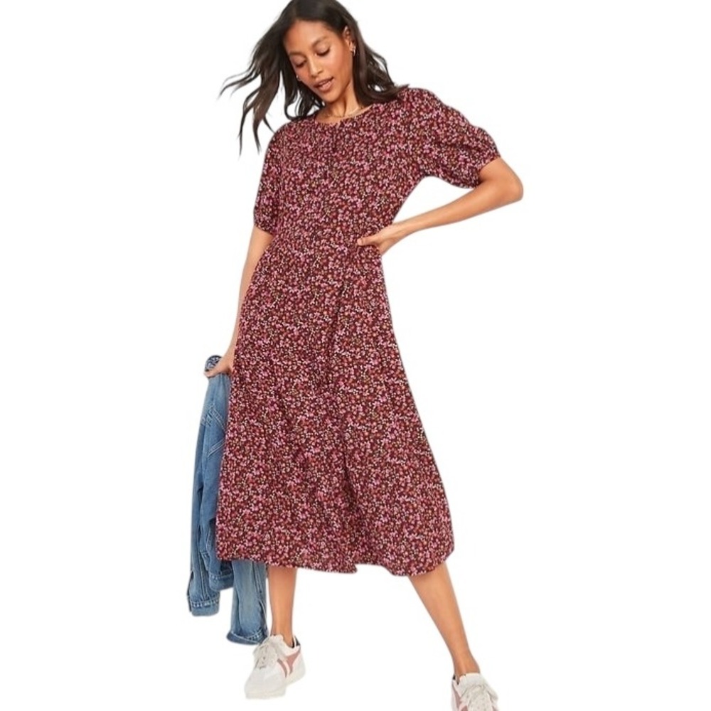 Old Navy Plus Size 4X Midi Dress Red Pink Ditzy Floral Peasant Cottagecore‎ 1788